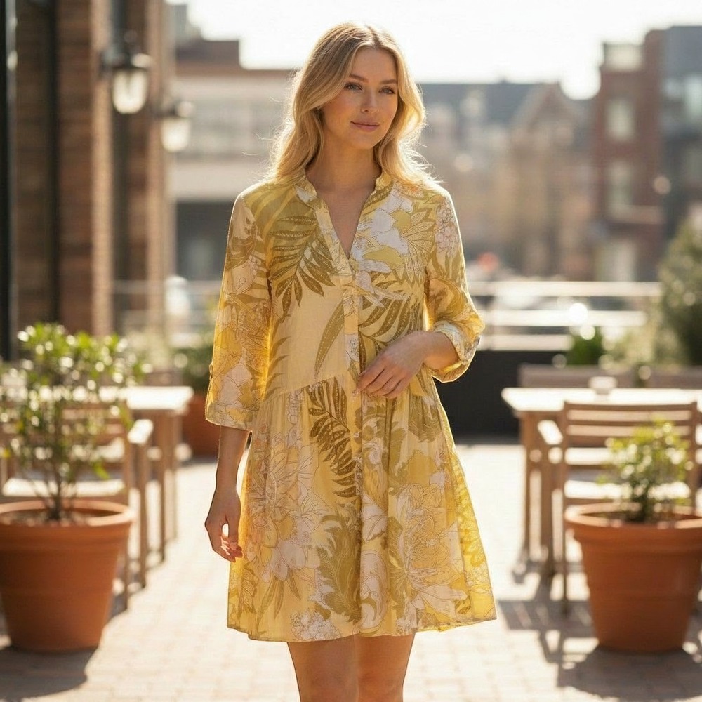 Hale Bob Yellow Floral Tiered Mini Dress 3/4 Sleeve V-Neck NWT Medium